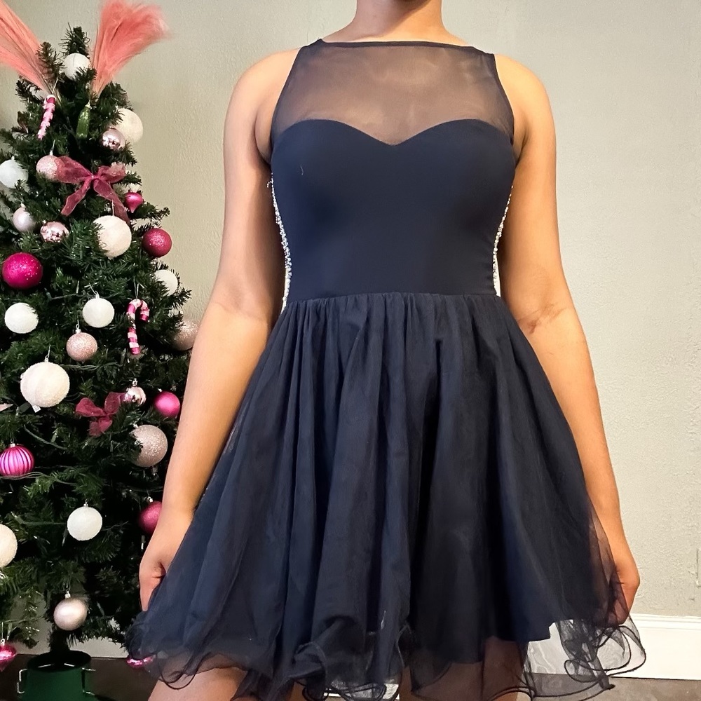 Navy blue formal pearl beaded mini dress